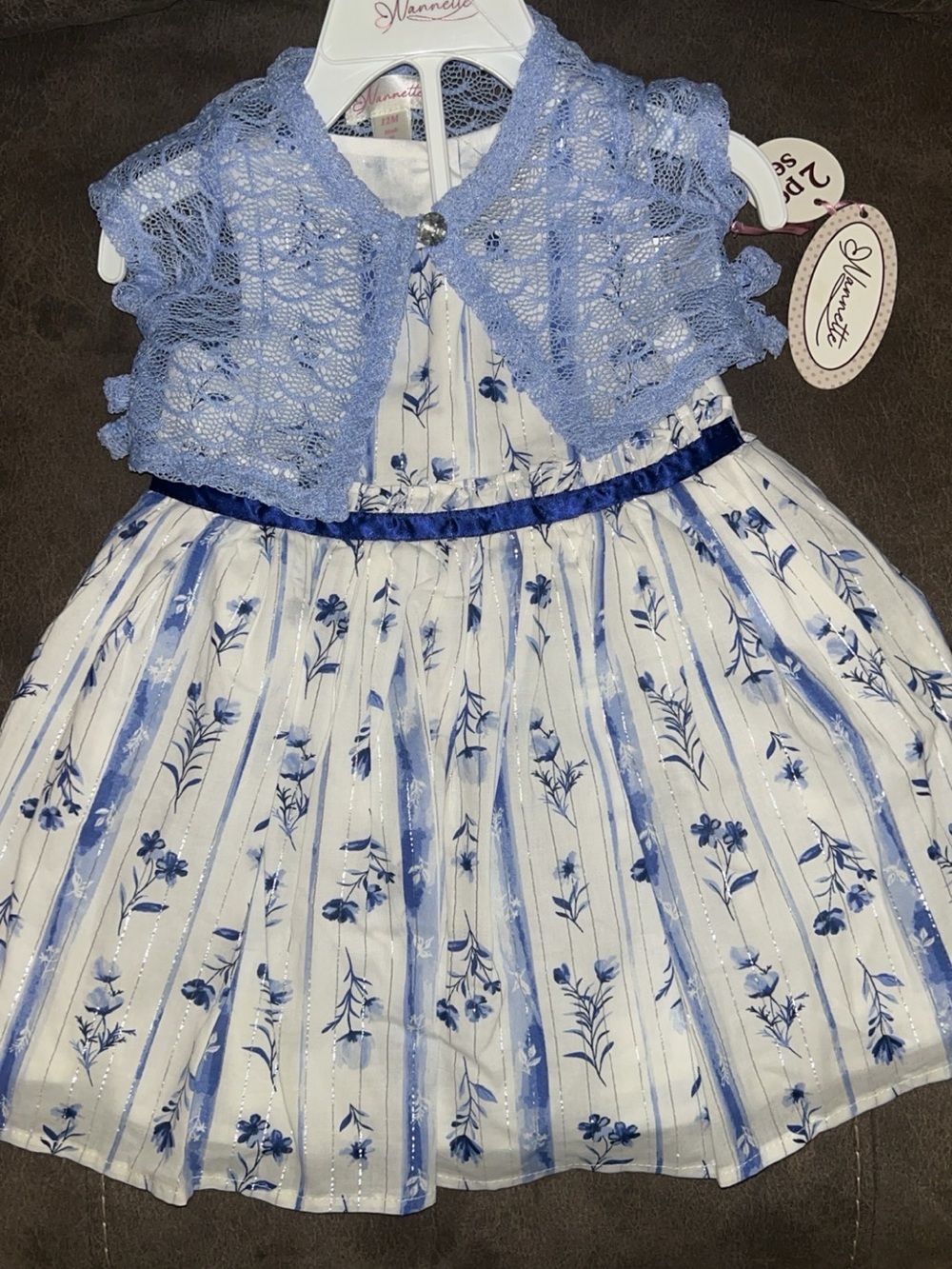 Nannette Blue and White Floral Lace Bolero Dress for Girls
